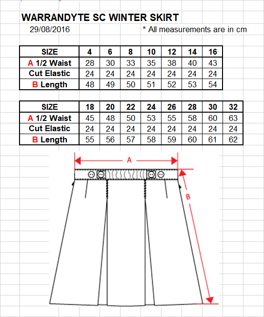 School Skirt Size Chart